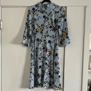 Topshop Light Blue Floral Midi Dress with High Neck and Tie Details